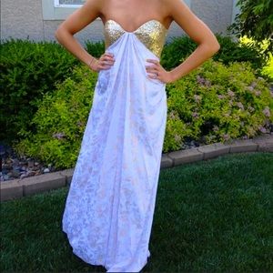 La Femme Gold and White Strapless Sparkly Prom Dress
